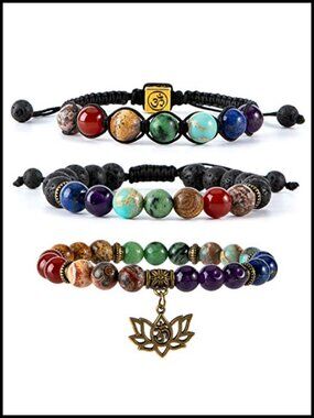 7 Chakra Healing Bracelet Set Real Stones Yoga Reiki Beaded Stretch 8mm 3 Pack
